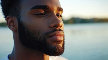 Wall Mural - Close up portrait of a young African American man by the lake with serene expression and space for text or message in the background