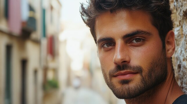 Close up portrait of confident young man in historic town with natural light and space for creative text or messaging