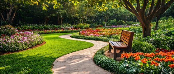 Aufkleber - Lush Garden Pathway with Vibrant Flowers and Cozy Bench Surrounded by Greenery in a Serene Outdoor Setting Ideal for Relaxation and Nature Lovers