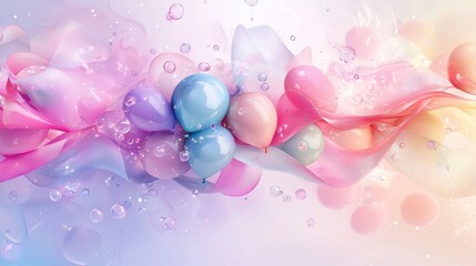 Poster - Colorful Dynamic Composition with Floating Balloons and Ethereal Motion Elements in Soft Pastel Hues