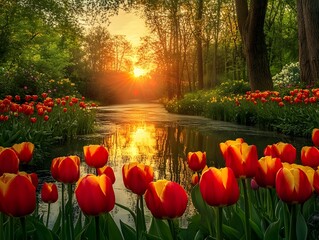 Poster - Vibrant Tulip Fields at Sunset with Reflections in Calm Water Surrounded by Lush Greenery and Soft Light Illuminating Nature's Beauty