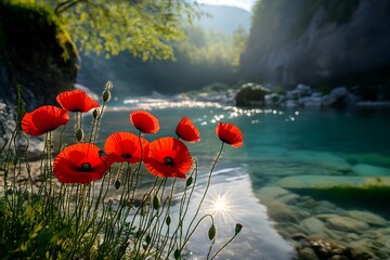 Aufkleber - Stunning Close-Up of Bright Red Poppies by a Serene Riverbank Against a Background of Lush Greenery and Soft Morning Light Reflecting on Water