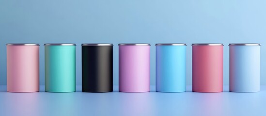 Poster - 3D illustration of colorful paint cans in a row against a blue background with clear space for text or branding purposes
