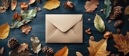 Poster - autumn flat lay composition with craft envelope surrounded by fallen leaves and natural elements ide