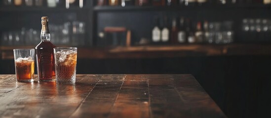 Poster - Cozy bar setting featuring alcoholic beverages on a wooden table with space for text overlay perfect for social media or promotions