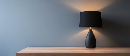 Poster - elegant black table lamp illuminating modern neutral room decor with copyspace for text on wooden ta