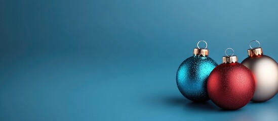 Poster - 3d illustration of colorful christmas ornaments on blue background with empty copy space for seasona