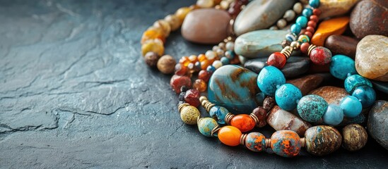 Poster - colorful gemstone bracelets and pendants arranged on a dark surface with ample space for text or bra