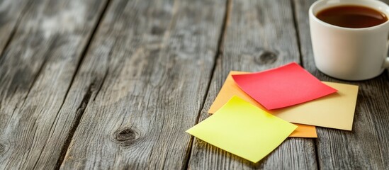 Poster - Business team brainstorming with colorful sticky notes and coffee cup on wooden desk in modern office setting