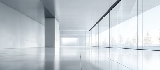 Poster - Business team collaborating in a contemporary workspace with large windows and minimalist design suitable for promotional text and advertising