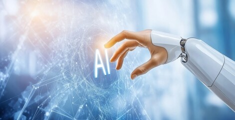 Poster - A white humanoid hand using a digital stock icon hologram 3D rendering