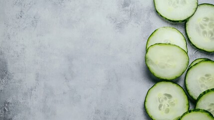 Poster - Fresh Cucumber Slices Arranged on Gray Background with Ample Space for Text or Product Placement in Culinary Advertising