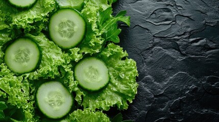 Poster - Fresh Green Salad with Cucumber Slices on Dark Textured Background Ideal for Healthy Eating and Nutrition Related Content