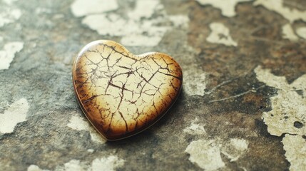 Poster - textured heart-shaped decorative piece with cracked surface against a rustic background featuring am