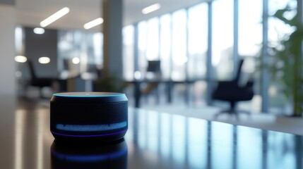 Poster - Close up of a smart voice assistant device in a modern office setting with empty space for text or branding on a polished table surface
