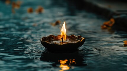 Poster - Close up of a lit oil lamp floating on water during a festive evening celebration with reflective water and space for text overlay