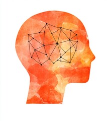 Poster - Female head with a brain network illustrated in vivid orange ink