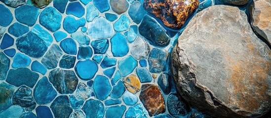 Poster - Intricate blue micromosaic featuring detailed rock textures and vibrant colors with empty space for design or text placement
