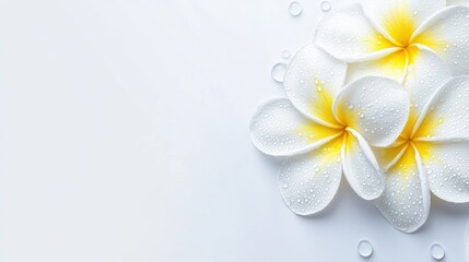 Poster - Frangipani flowers with water droplets on a light background highlighting delicate details and empty space for customizable text or design