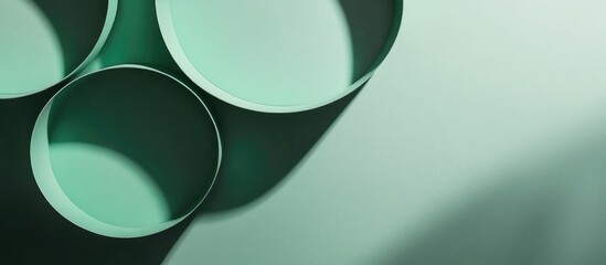 Poster - Minimalist green background featuring abstract circular elements and horizontal shadows, ideal for retro postcard design and text placement.