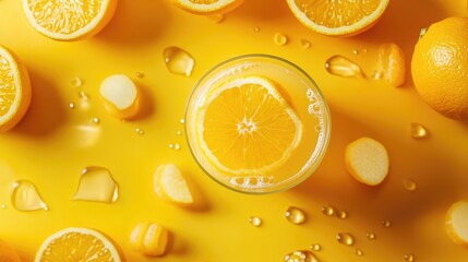 Poster - fresh orange juice with sliced oranges on a vibrant yellow background featuring droplets and empty s