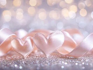 Poster - Romantic pink satin hearts with glitter and bokeh for Valentine's Day decoration