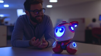 Poster - Robotics or AI stocks connecting interaction with humans. Chatbot software network. Big data and transfer protocol system. Neuralink with smart brains. AI generative technology