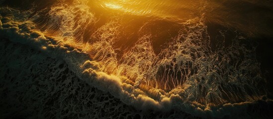 Poster - Aerial View of Golden Sunset Reflecting on Coastal Waves with Space for Custom Text Overlay