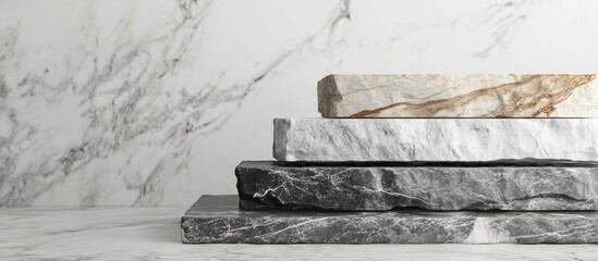 Poster - 3D marble stone slabs stacked elegantly for product display with ample copyspace for text or branding elements
