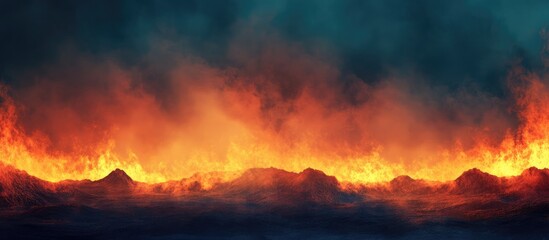 Poster - Abstract volcanic eruption landscape with vibrant flames and steam, featuring ample empty space for text or design elements.