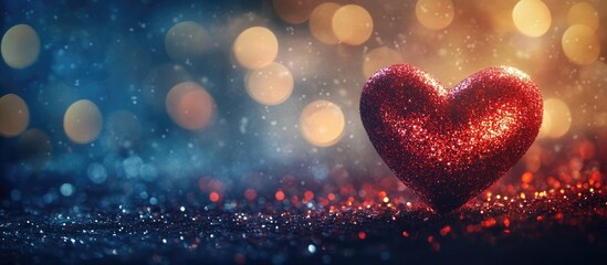 Poster - dynamic red glittering particles with heart shaped bokeh minimal concept empty copyspace for text an