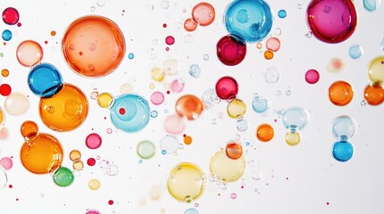 Poster - colorful assorted bubbles floating on a white background creating a vibrant and playful atmosphere o