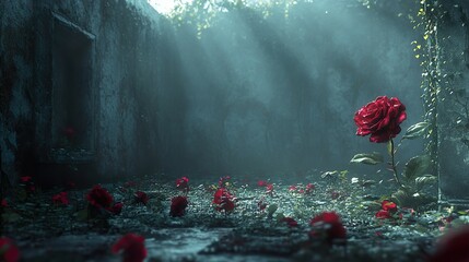 Poster - Solitary Rose in Ancient Ruins: A Dark Romantic Floral Scene