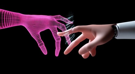Poster - A scene depicting a robot hand and a human hand touching a global virtual network connection, symbolizing future technology concepts