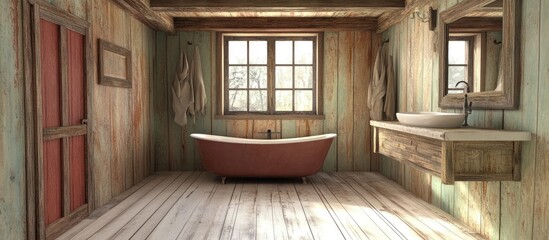 Poster - Rustic Style 3D Interior Design of Bedroom and Bathroom with Natural Wood Elements and Empty Space for Text Integration