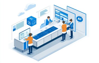 Poster - A collection of isometric stock images including a digital brain neural network, AI servers, robots, artificial bot minds, and smart robotic structures. This set contains isolated modern illustration