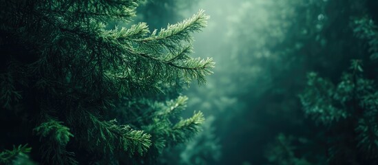 Poster - Serene green tree branches in misty light with ample empty space for creative text overlay and design elements