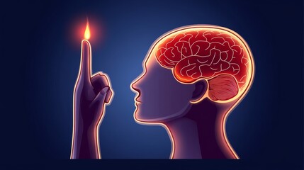 Fototapete - A neon silhouette of a human head with stock over a palm hand signifies AI, an electronic brain. This visual represents a cybernetic artificial neural network, essentially an electronic mind, with