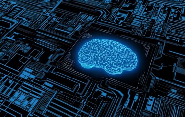 Fototapete - Glowing blue brain circuit on a microchip on a computer motherboard represents stock hardware, suitable for big data processing, AI trading, and machine learning