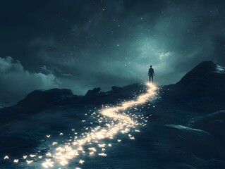 Poster - Ethereal Journey Through Starry Night: A Figure Walking on a Path of Light Amidst Dark Rocks and Cosmic Wonders