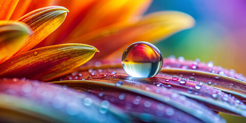 Poster - Close-up view of a vibrant flower petal featuring a glistening water droplet. The droplet reflects brilliant hues, enhancing the colorful details of the petal