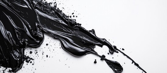 Poster - black paint spill creating an artistic effect on clean white background with ample blank space for t