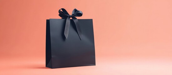 Poster - Elegant black gift bag on a soft pastel background with ample space for customization or advertising copy. Perfect for branding or promotions.