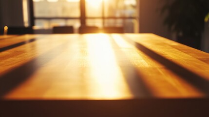 Poster - close up of a sunlit boardroom table casting shadows with ample empty space for text and branding op