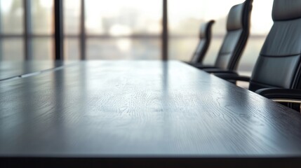 Poster - Business briefing setting with polished desk and empty chairs, ideal for adding custom text or messages for corporate presentations.