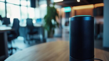 Poster - business voice assistant device in modern office setting with empty space for text and focus on ai t