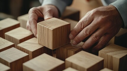 Poster - Businessman skillfully stacking wooden cubes demonstrating strategy and organization with ample space for text in presentations and marketing materials