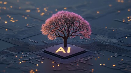 Poster - A macro close-up of a computer CPU motherboard with an AI-driven chip and semiconductor processor circuit board, symbolizing future technology, digital data, big data, and deep learning