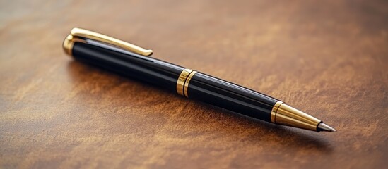 Poster - Elegant pen resting on a wooden table symbolizing financial planning and business strategy with space for additional text or branding