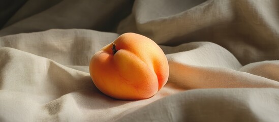 Poster - close up of a ripe peach resting on soft fabric with an empty space for adding text or design elemen